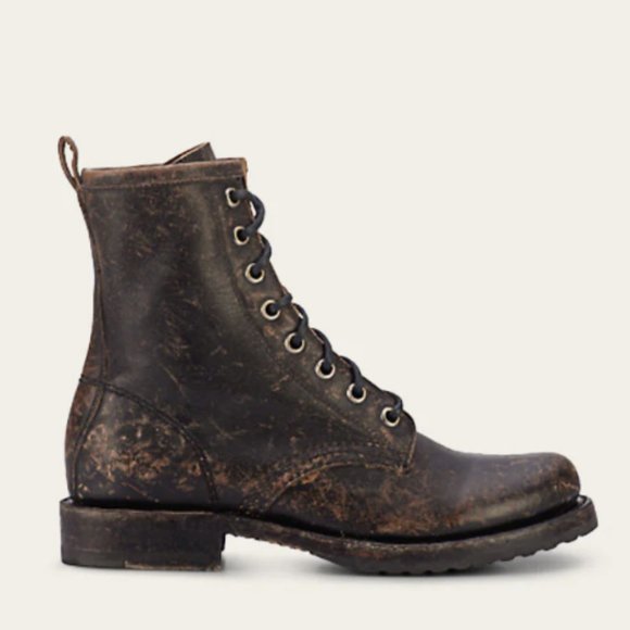 Frye Shoes - Frye Veronica Combat Distress Black Brown Tumbled Leather Laced Combat AnkleBoot
